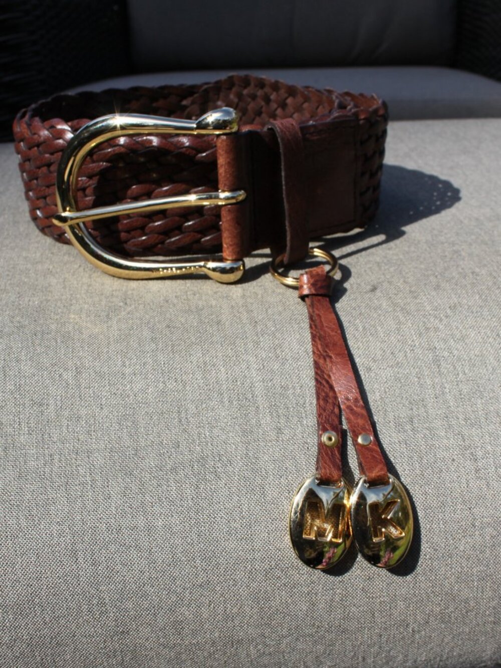Michael Kors Brown Wide Braided Leather Belt Gold Tone Buckle XL